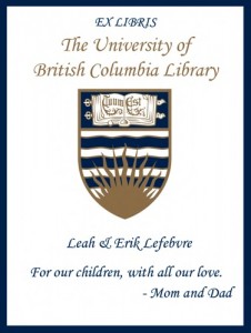 UBC Bookplate for Leah & Erik Lefebvre