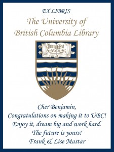 UBC Bookplate from Frank and Lise Mastar