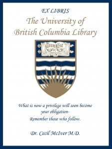 UBC Bookplate from Dr. Colin McIver M.D., FRCP, DABR