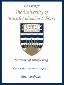 UBC Bookplate from Mrs. Candy Lau