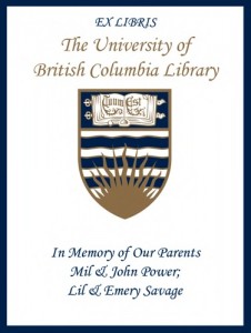 UBC Bookplate for Mil & John Power; Lil & Emery Savage