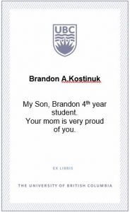 UBC Bookplate for Brandon Kostinuk
