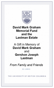 Bookplate from Family and Friends of the David Mark Graham Memorial Fund and the Lastman Estate